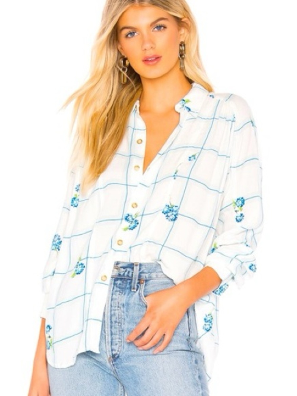 Free People White Floral Windowpane Button-Up Blouse Women’s Size Small Boho